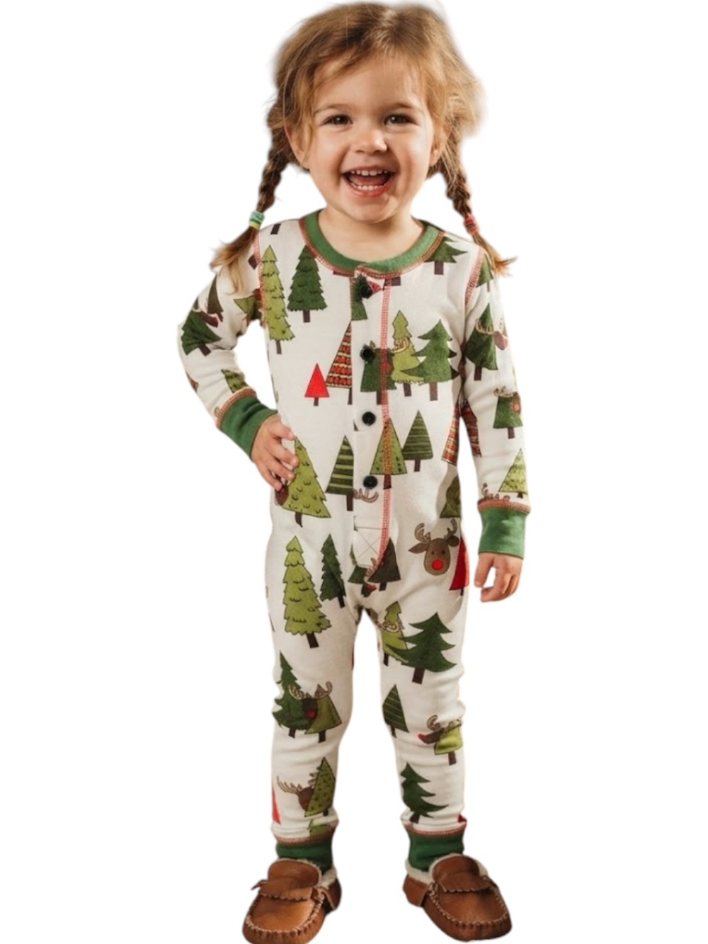 Lazy One Girls Flap Jack Reindeer Long Sleeve Onesie Ivory Green 2T Retro